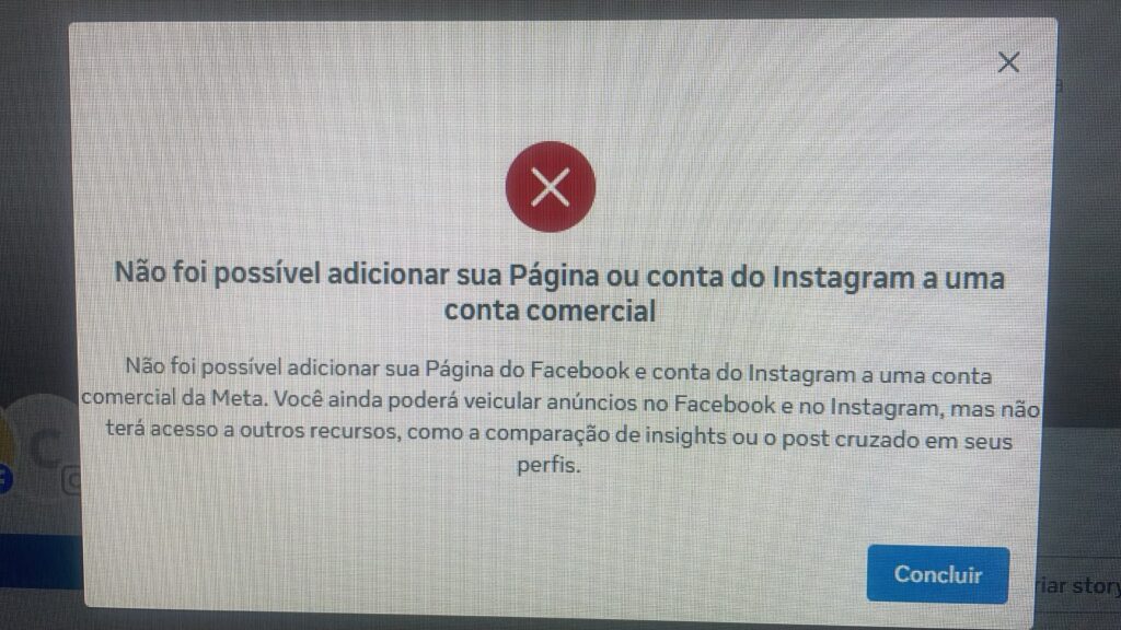 nao foi possivel adicionar sua pagina conta instagram conta comercial